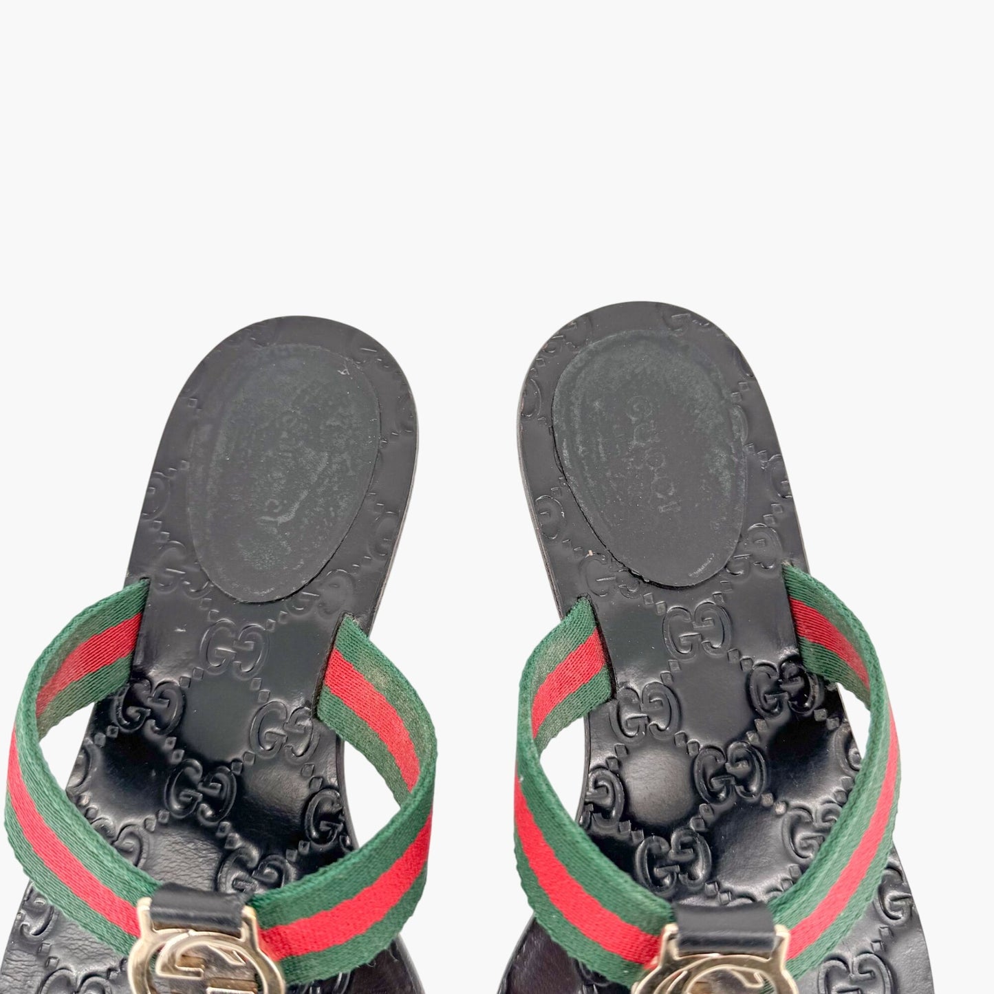 Gucci Interlocking G Web Stripe Thong Sandals in Black GG Monogram Leather Size 37