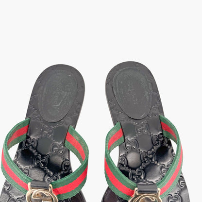 Gucci Interlocking G Web Stripe Thong Sandals in Black GG Monogram Leather Size 37