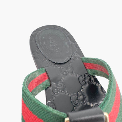 Gucci Interlocking G Web Stripe Thong Sandals in Black GG Monogram Leather Size 37