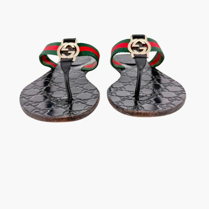 Gucci Interlocking G Web Stripe Thong Sandals in Black GG Monogram Leather Size 37