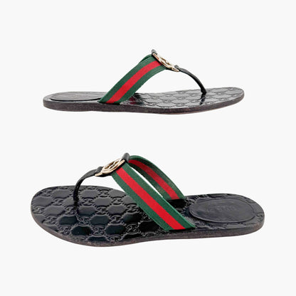 Gucci Interlocking G Web Stripe Thong Sandals in Black GG Monogram Leather Size 37