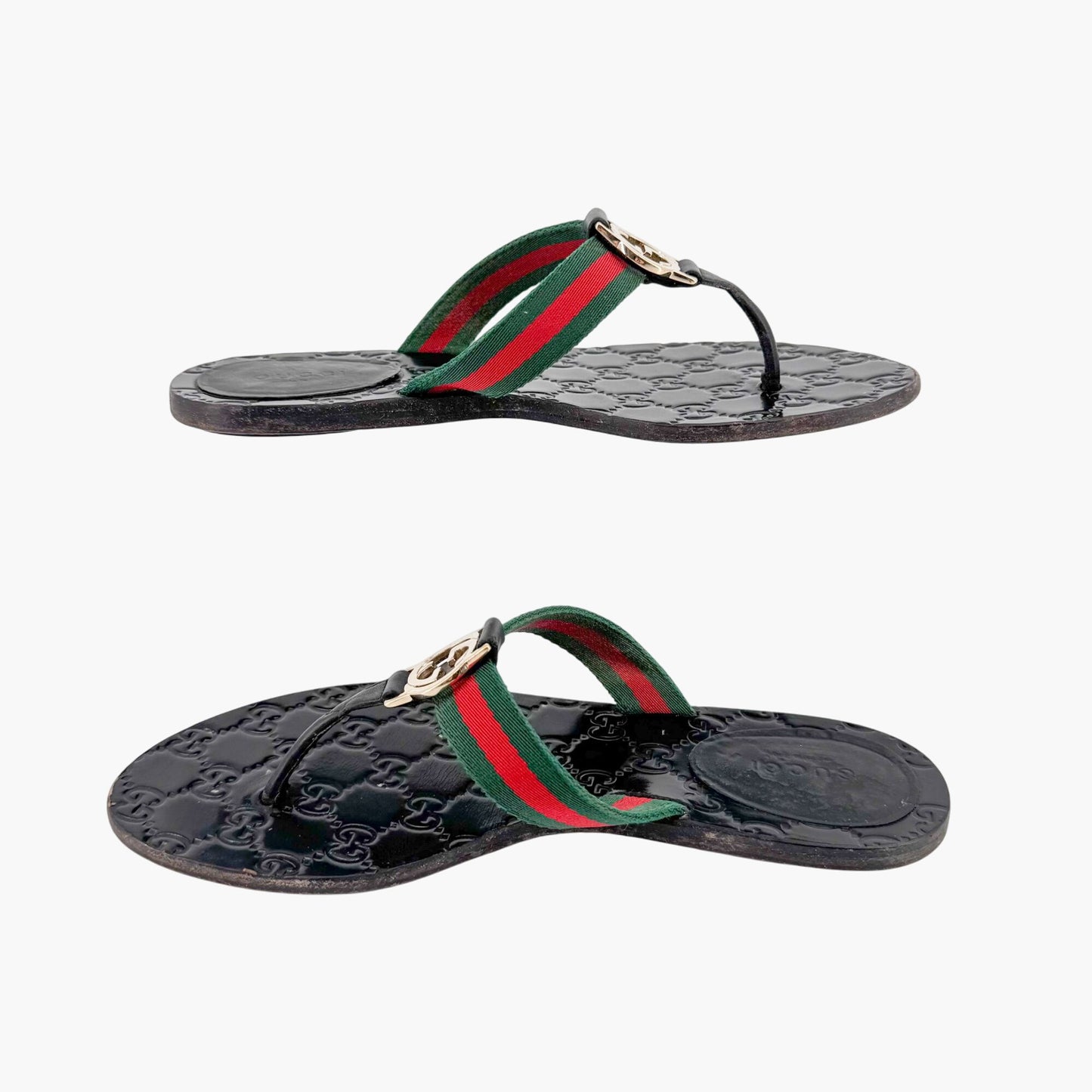 Gucci Interlocking G Web Stripe Thong Sandals in Black GG Monogram Leather Size 37