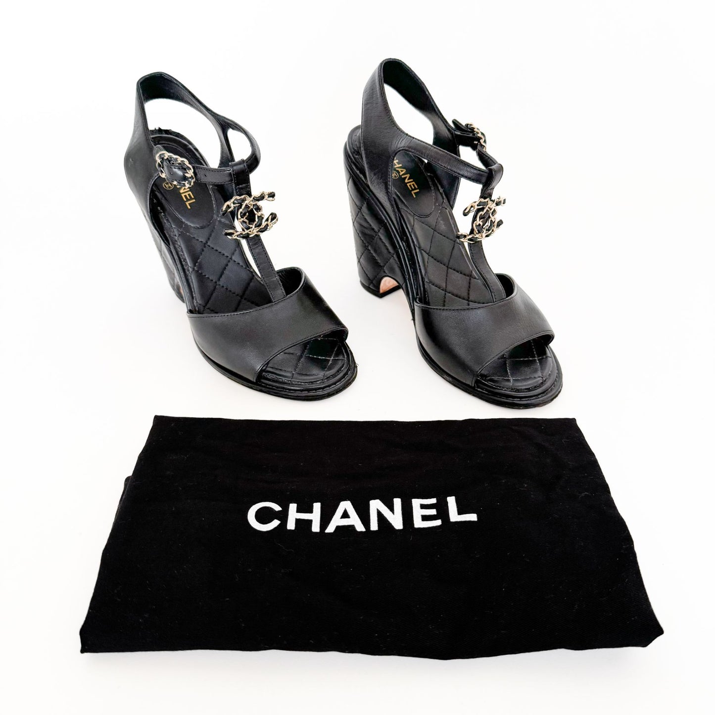 Chanel Chain CC Wedge Sandals in Black Leather Size 37.5