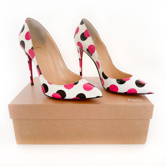Christian Louboutin Pigalle Follies 100 Pumps in White Bangal-Rose Polka Dots Patent Leather Size 38