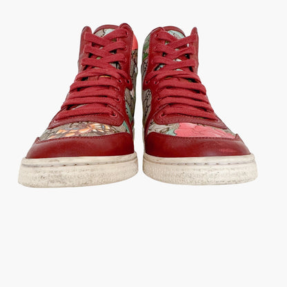 Gucci Tian High Top Sneakers in Floral GG Monogram Canvas & Red Leather Size 36