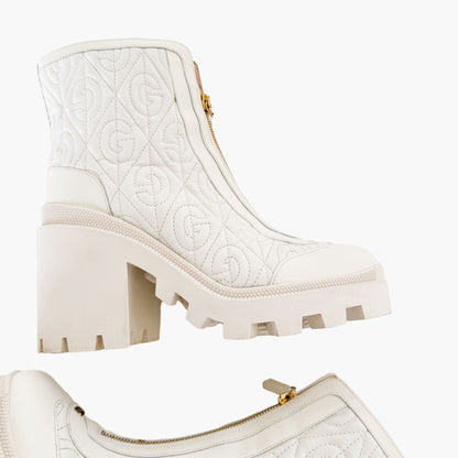 Gucci Trip Zip Front Ankle Boots in White Quilted Rhombus G Leather Size 38