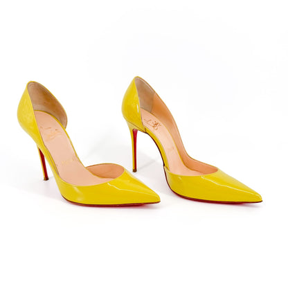 Christian Louboutin Iriza 100 Half D'Orsay Pumps in Mimosa Green/Yellow Patent Leather Size 37