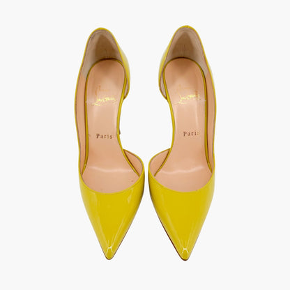 Christian Louboutin Iriza 100 Half D'Orsay Pumps in Mimosa Green/Yellow Patent Leather Size 37
