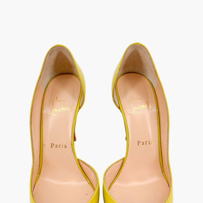Christian Louboutin Iriza 100 Half D'Orsay Pumps in Mimosa Green/Yellow Patent Leather Size 37