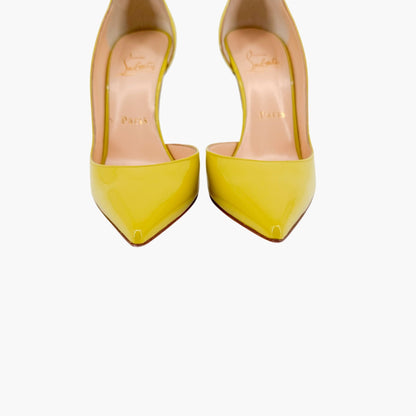 Christian Louboutin Iriza 100 Half D'Orsay Pumps in Mimosa Green/Yellow Patent Leather Size 37