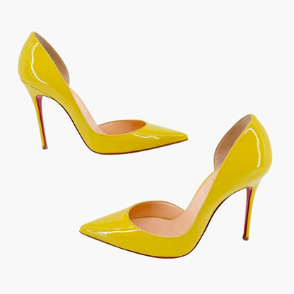 Christian Louboutin Iriza 100 Half D'Orsay Pumps in Mimosa Green/Yellow Patent Leather Size 37