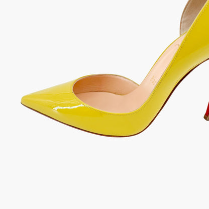 Christian Louboutin Iriza 100 Half D'Orsay Pumps in Mimosa Green/Yellow Patent Leather Size 37