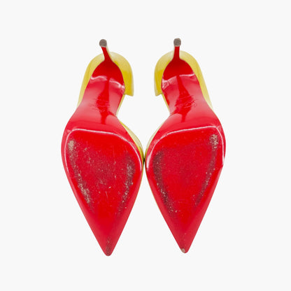 Christian Louboutin Iriza 100 Half D'Orsay Pumps in Mimosa Green/Yellow Patent Leather Size 37