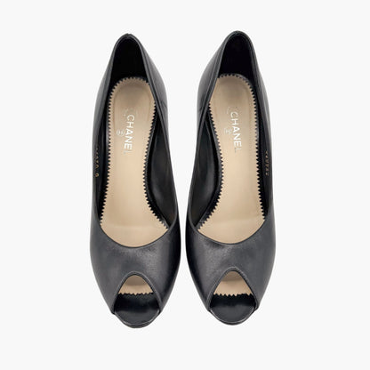 Chanel Peep Toe CC Pearl Heel Pumps Black Size 38