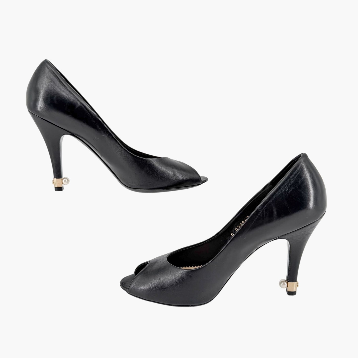 Chanel Peep Toe CC Pearl Heel Pumps Black Size 38