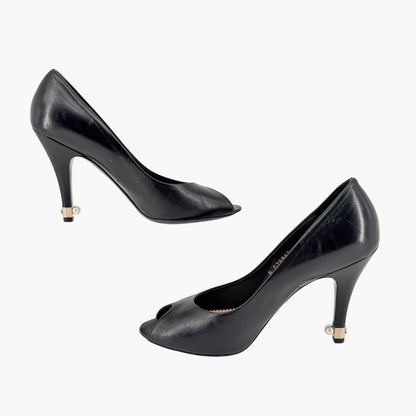 Chanel Peep Toe CC Pearl Heel Pumps Black Size 38