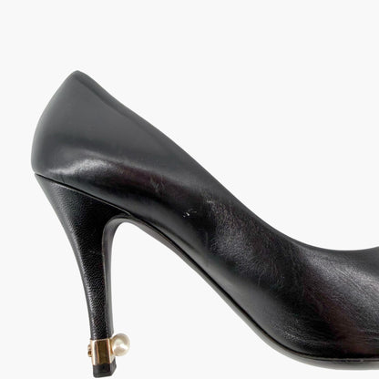 Chanel Peep Toe CC Pearl Heel Pumps Black Size 38