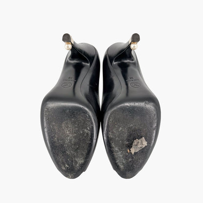 Chanel Peep Toe CC Pearl Heel Pumps Black Size 38
