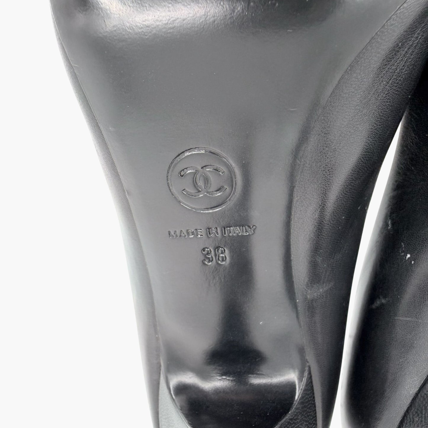 Chanel Peep Toe CC Pearl Heel Pumps Black Size 38