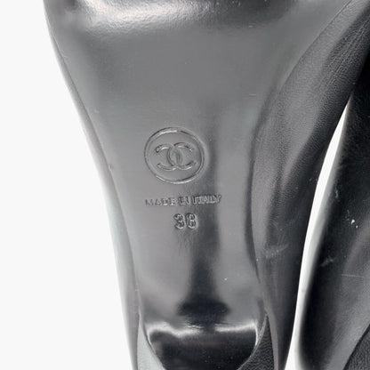 Chanel Peep Toe CC Pearl Heel Pumps Black Size 38