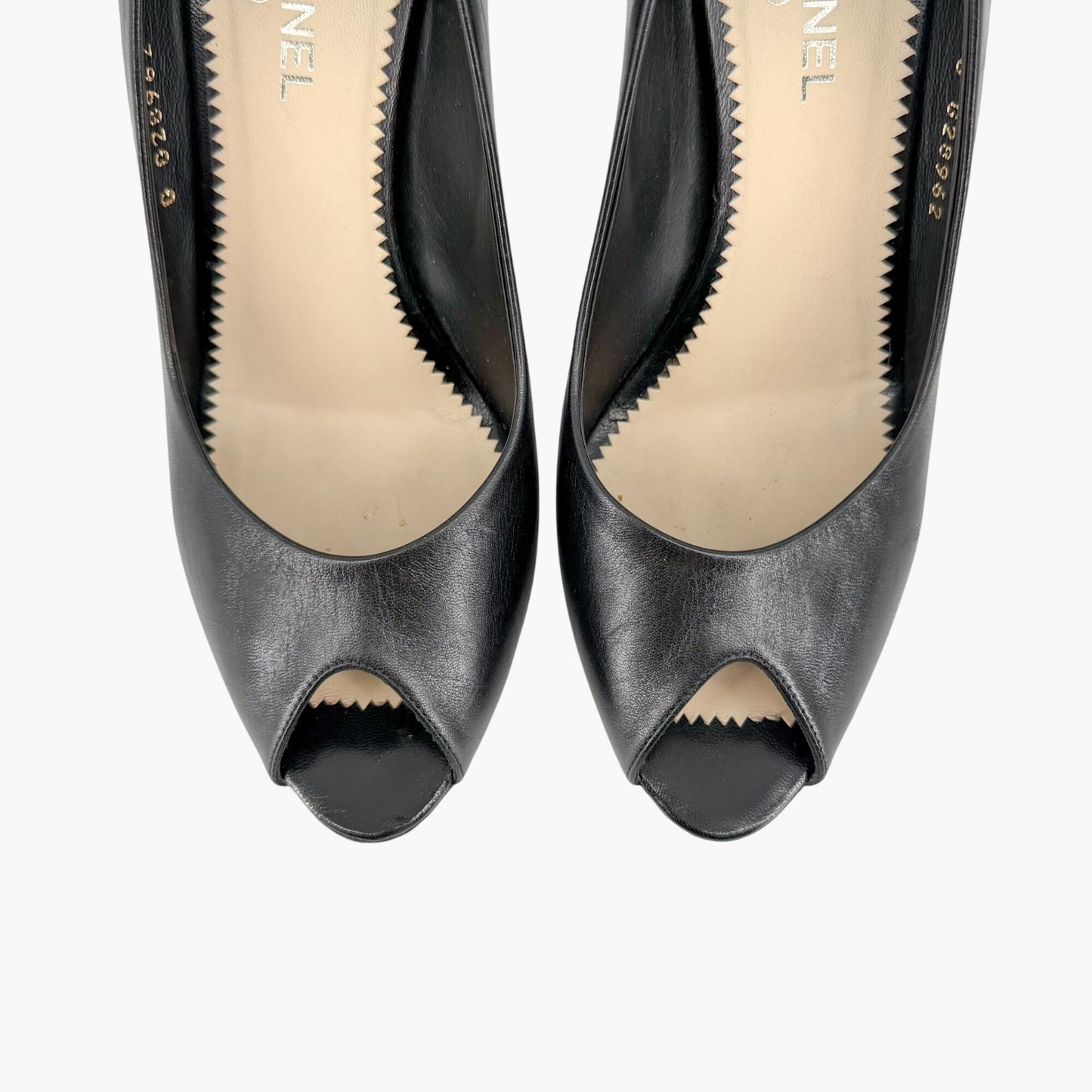 Chanel Peep Toe CC Pearl Heel Pumps Black Size 38
