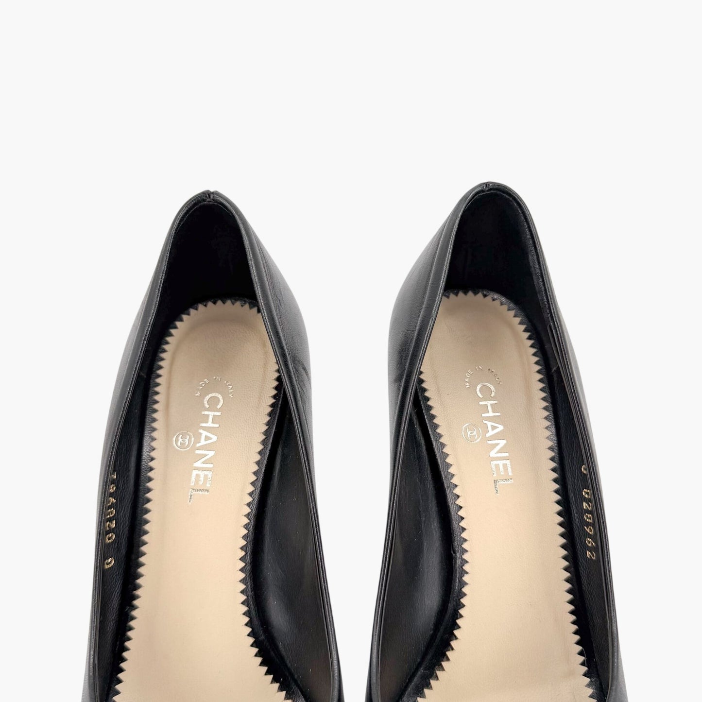 Chanel Peep Toe CC Pearl Heel Pumps Black Size 38