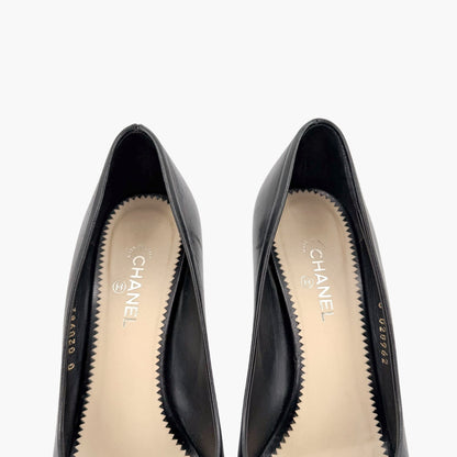 Chanel Peep Toe CC Pearl Heel Pumps Black Size 38