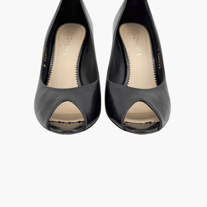 Chanel Peep Toe CC Pearl Heel Pumps Black Size 38