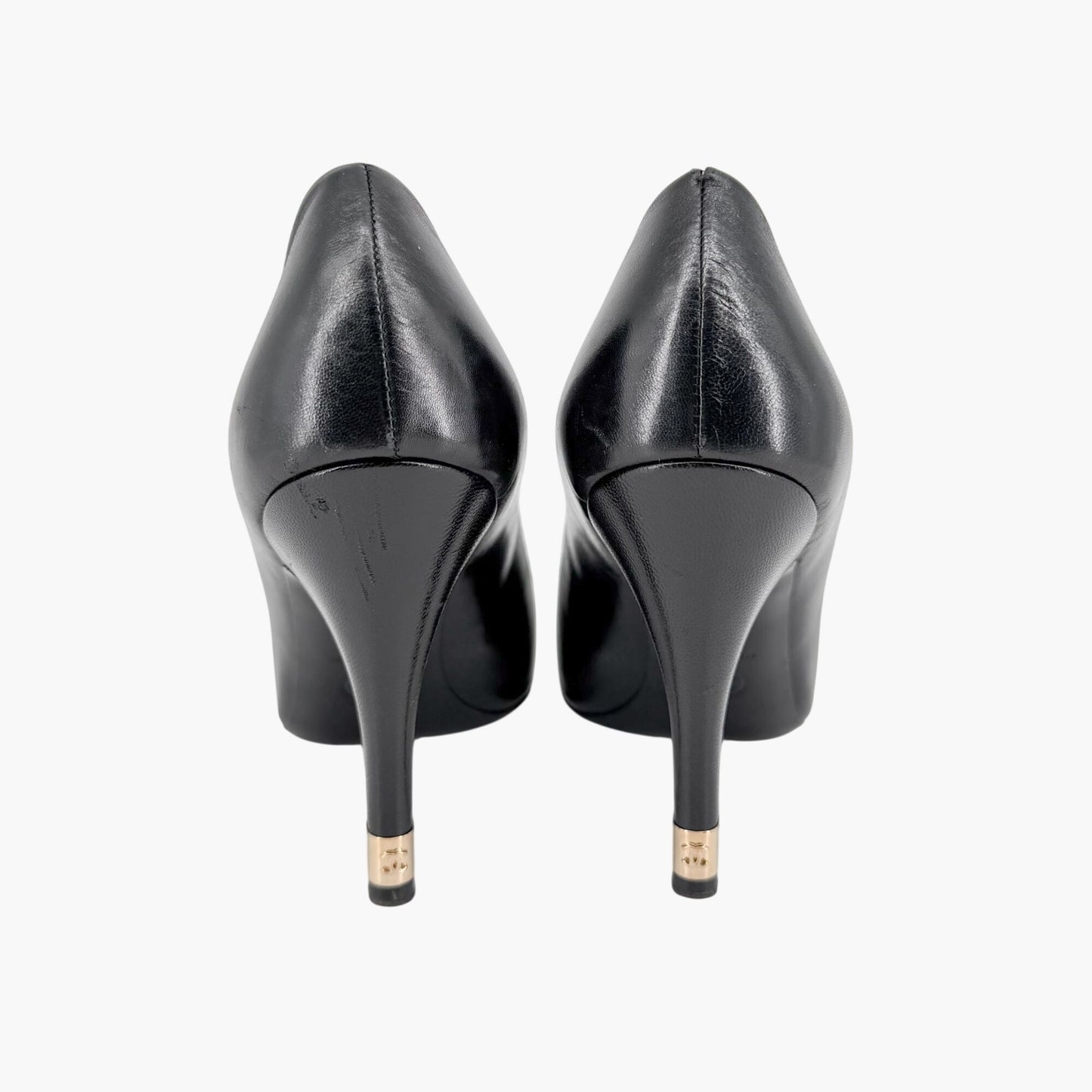 Chanel Peep Toe CC Pearl Heel Pumps Black Size 38