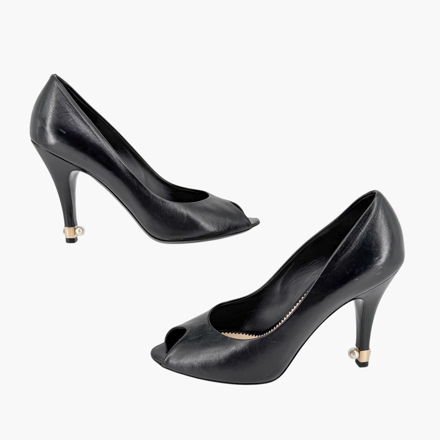 Chanel Peep Toe CC Pearl Heel Pumps Black Size 38