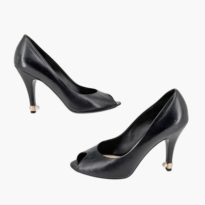 Chanel Peep Toe CC Pearl Heel Pumps Black Size 38