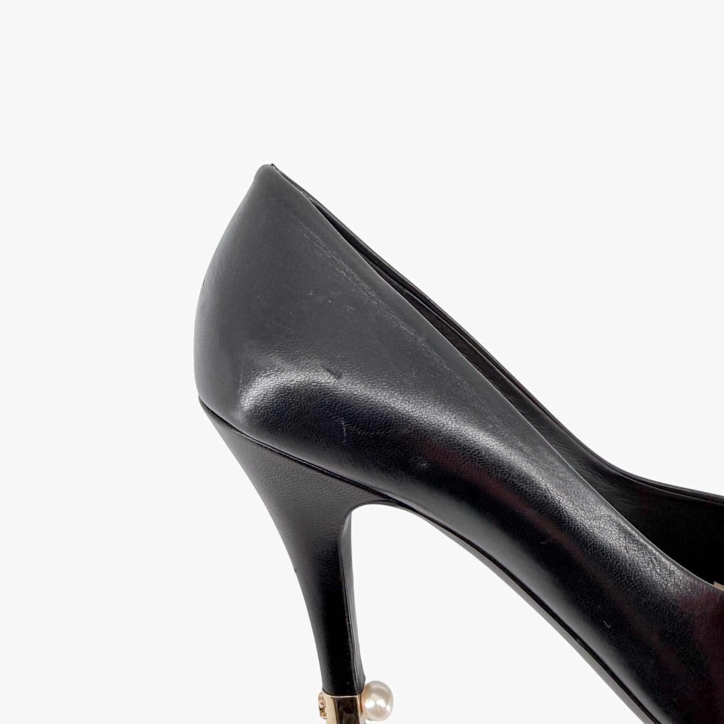Chanel Peep Toe CC Pearl Heel Pumps Black Size 38
