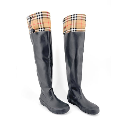 Burberry Freddie Over The Knee Rain Boots in Black Rubber & Vintage Check Size 37