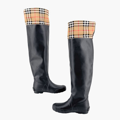 Burberry Freddie Over The Knee Rain Boots in Black Rubber & Vintage Check Size 37