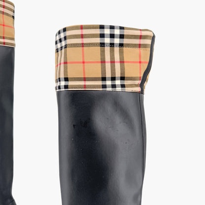 Burberry Freddie Over The Knee Rain Boots in Black Rubber & Vintage Check Size 37