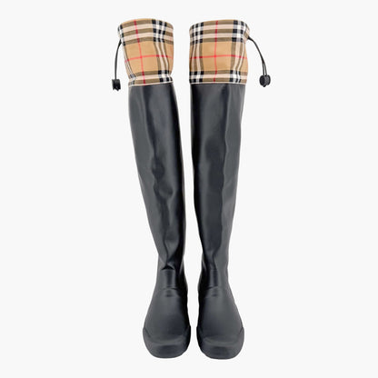 Burberry Freddie Over The Knee Rain Boots in Black Rubber & Vintage Check Size 37