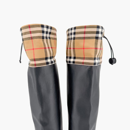 Burberry Freddie Over The Knee Rain Boots in Black Rubber & Vintage Check Size 37