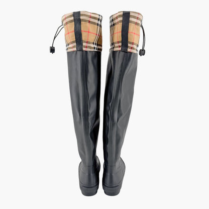 Burberry Freddie Over The Knee Rain Boots in Black Rubber & Vintage Check Size 37