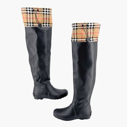 Burberry Freddie Over The Knee Rain Boots in Black Rubber & Vintage Check Size 37