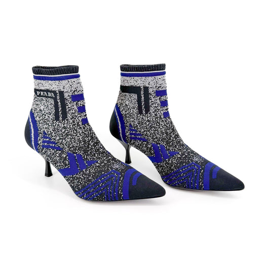 Prada Stretch Knit Logo Sock Booties Black Blue Size 37