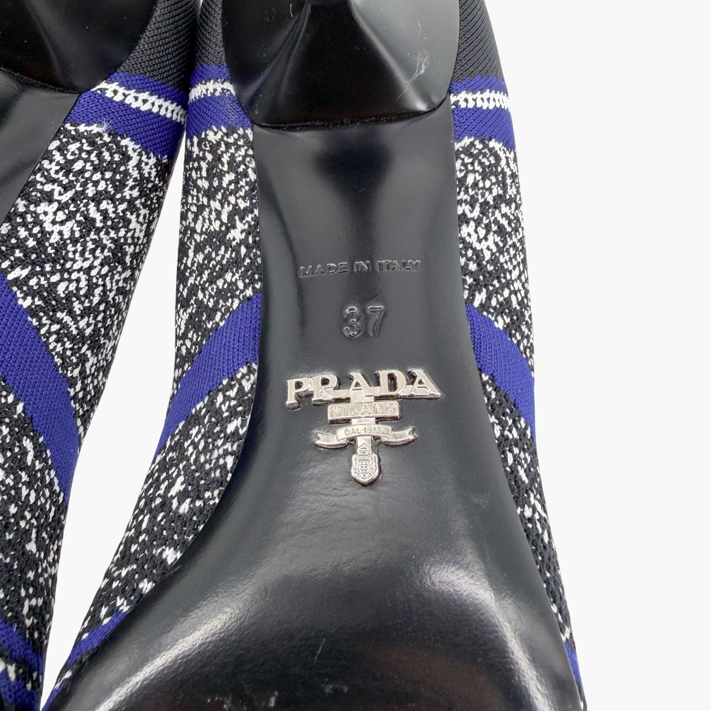 Prada Stretch Knit Logo Sock Booties Black Blue Size 37
