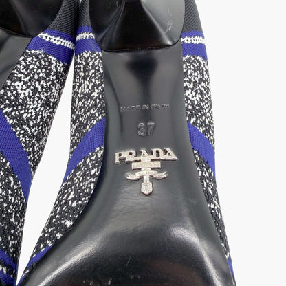 Prada Stretch Knit Logo Sock Booties Black Blue Size 37