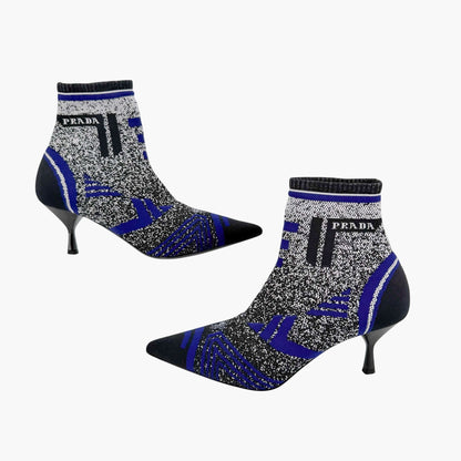 Prada Stretch Knit Logo Sock Booties Black Blue Size 37