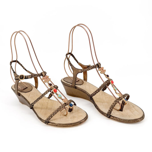 Chanel CC Gem Chain T-Strap Wedge Sandals in Gold Leather – Size 40