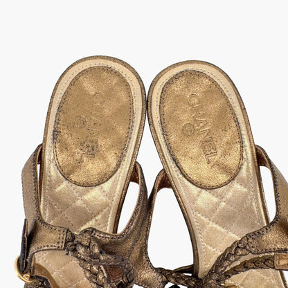 Chanel CC Gem Chain T-Strap Wedge Sandals in Gold Leather – Size 40