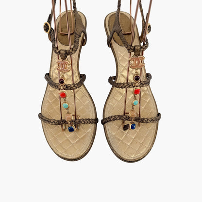 Chanel CC Gem Chain T-Strap Wedge Sandals in Gold Leather – Size 40