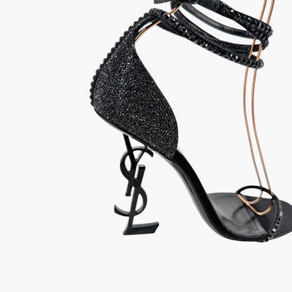 Saint Laurent Opyum YSL Crystal-Embellished Heel Sandals in Black Size 40