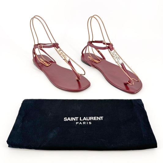 Saint Laurent Cassandra YSL T-Strap Flat Sandals in Burgundy Red Size 39