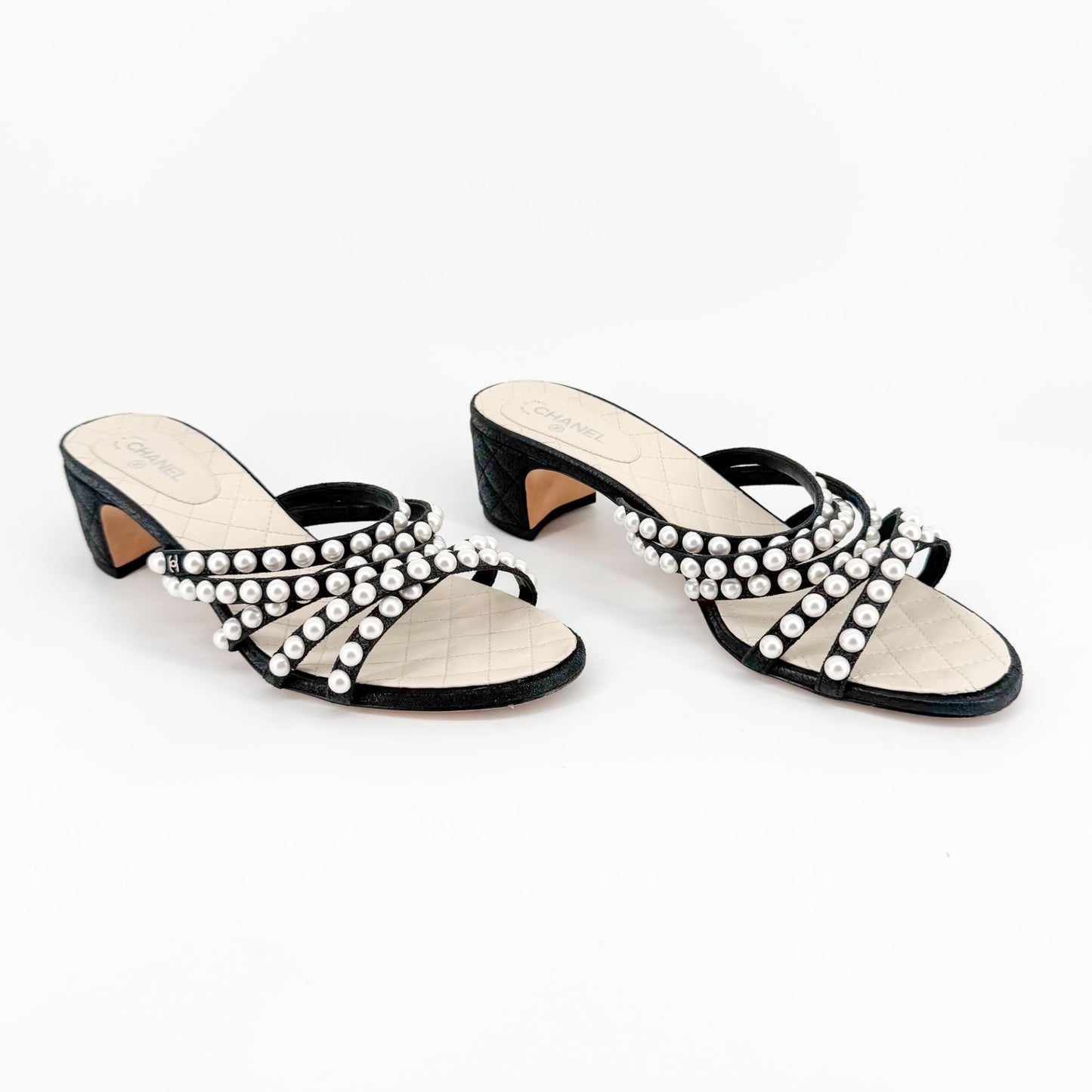 Chanel Pearl-Embellished Quilted Mule Sandals in Black & White Leather Size 40