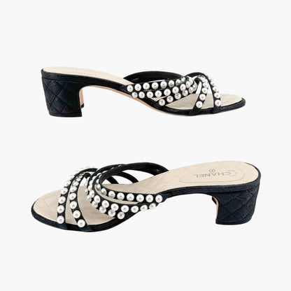 Chanel Pearl-Embellished Quilted Mule Sandals in Black & White Leather Size 40